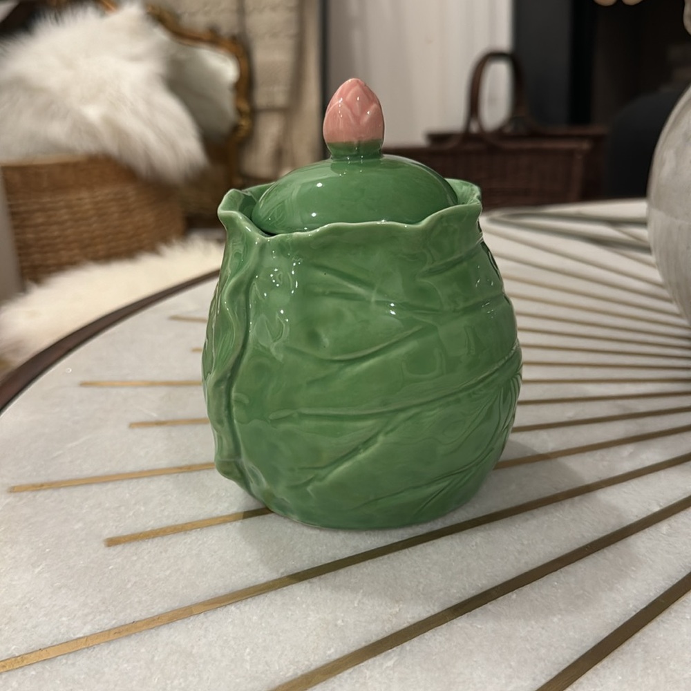Vintage Green Lettuce Cabbage Lotus Ceramic Jar with Lid -